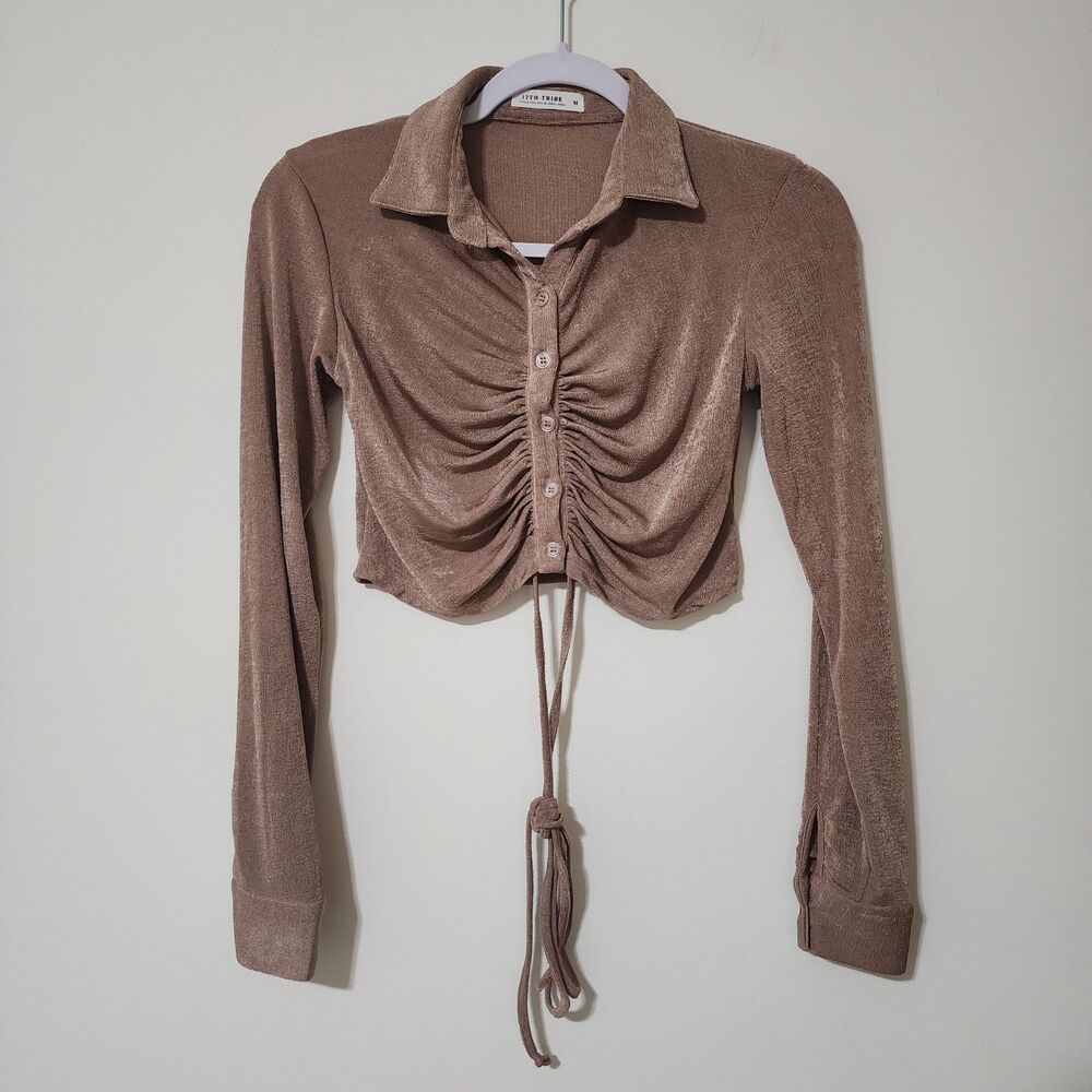 12th Tribe Womens Cropped Knit Button Up Top Shimmery Brown Long Sleeve Size M